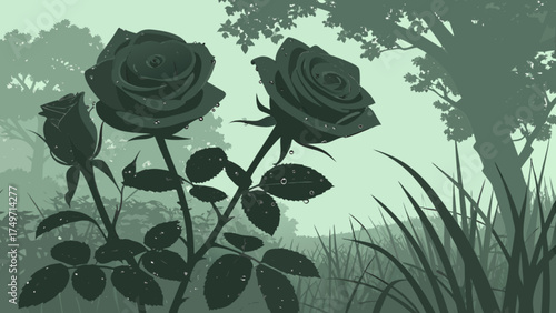 Rose garden vector illustration with dew drops and forest background for nature lovers art
