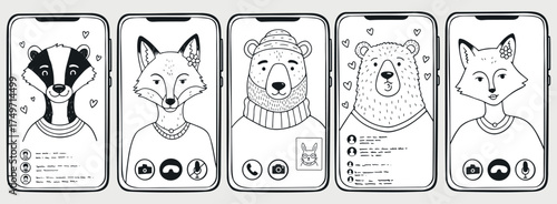 Hand-Drawn Animal Call Screens Set – minimal black and white line drawings of foxes, bears, owls, and badgers shown on smartphone video call screens. Modern doodle art perfect for communication, digit