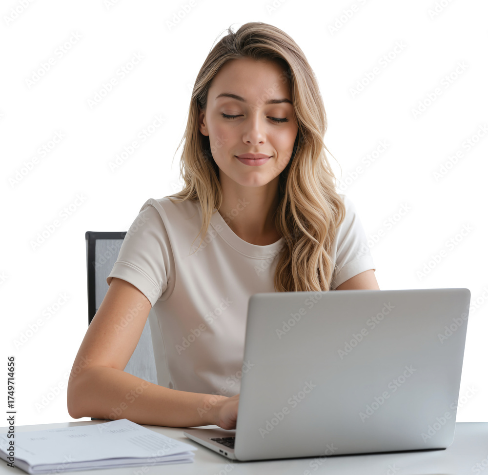 Naklejka premium Professional at Work – Person Using Laptop with Papers on Desk for Business and Office Scenes