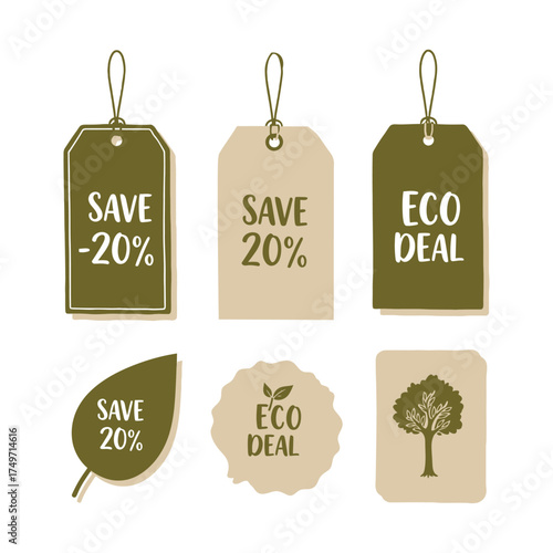 Discount Tags Vector with Recycled Paper Texture and Leaf Design-Eco Friendly Hand Drawn Discount Tags
