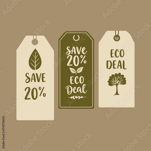 Discount Tags Vector with Recycled Paper Texture and Leaf Design-Eco Friendly Hand Drawn Discount Tags