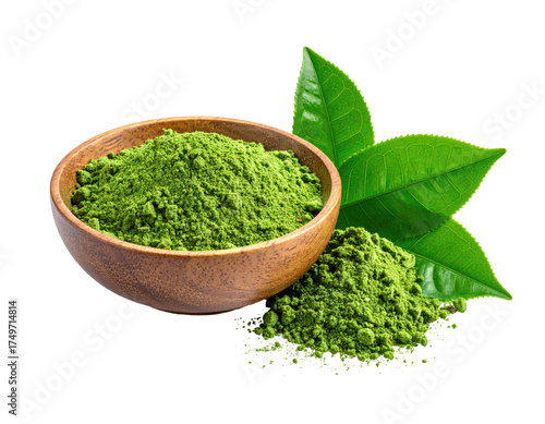 Green tea powder in a wooden bowl