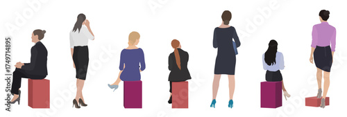 set of women in back illustration in color blocks of architectural designs editable vector