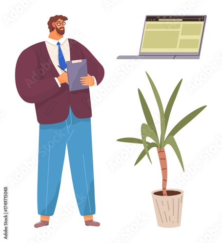 Businessman holding a clipboard, an open laptop with a webpage, and a green potted plant. Ideal for workspace, productivity, office tasks, business strategy, remote work planning teamwork. Simple