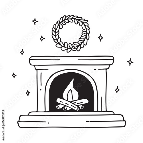 A wreath near a fireplace with crackling logs