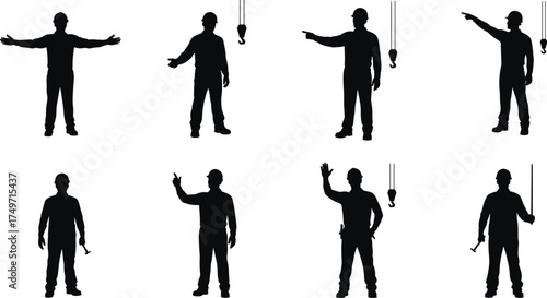 Construction workers silhouettes with hard hats signaling crane hook, industrial safety communication, teamwork gestures, vector illustration for construction site operations