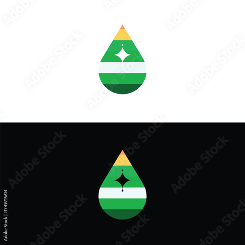 Minimalist water drop logo design featuring a droplet with stripes and a star, evoking purity, freshness, and sparkle, isolated on white background best for water brand