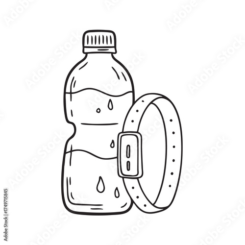 A wristband close to a water bottle with condensation