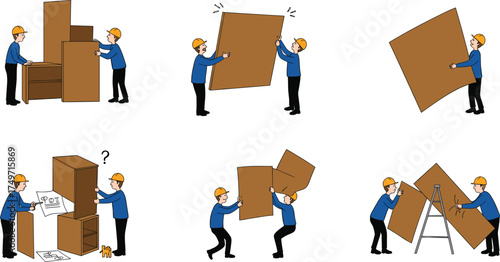 Construction workers assembling large cabinet with teamwork, confusion, instruction manual, lifting panels, hard hats, ladder, toolbox, home furniture installation scene