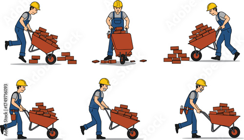 Construction workers handling wheelbarrows with bricks, pushing, pulling, spilling, physical labor, safety gear, cartoon illustration of jobsite transportation challenges