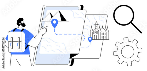 Backpacker viewing digital map with landmarks and pointers, magnifying glass and gear. Ideal for travel, tourism, exploration, navigation, technology, planning and adventure. Simple flat metaphor
