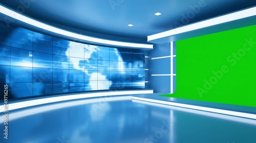Modern virtual news studio featuring a large screen with a world map and a green chroma key background for a television broadcast environment