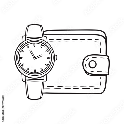 A wristwatch beside a wallet made of leather
