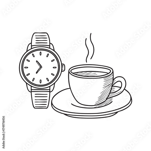 A wristwatch near a cup of coffee on a saucer