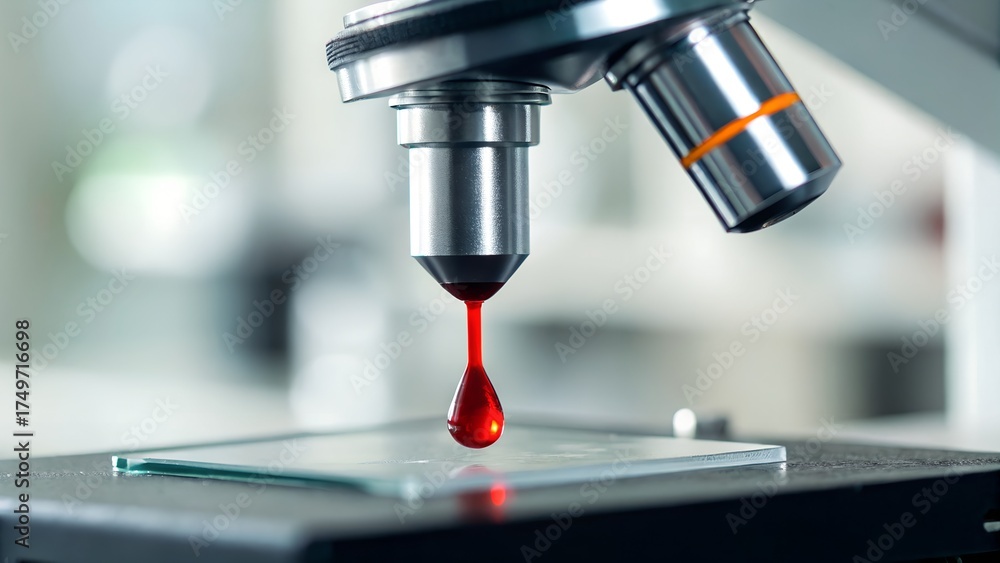 Fototapeta premium Close Up Of Microscope With Red Blood Drop On Glass Slide In Laboratory Setting