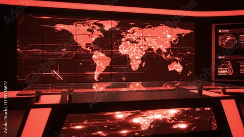 High-Tech Control Room with Dynamic Global Network Map Displaying Red Data Visualization – Futuristic News Studio Background for Digital Information and World Connectivity