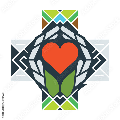 Abstract Cross with Heart and Hands Illustration