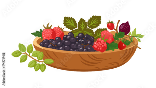 Delicious fresh summer berries in wooden bowl vector illustration for healthy eating concept art