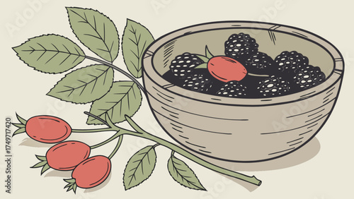 Illustration of fresh blackberries and rosehips in bowl, healthy food, autumn harvest season