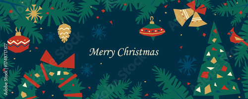 Christmas horizontal banner on dark blue background. Vector card with pine branchs, Christmas wreath, Christmas tree, ornaments, bells, Northern cardinal bird. Colorful cut out elements.