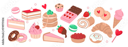 Desserts and sweets set. Delicious pastries, candies, lollipop, chocolate, cupcake, cinnamon roll and other cakes. Confectionery and bakery concept. Modern cartoon illustration.
