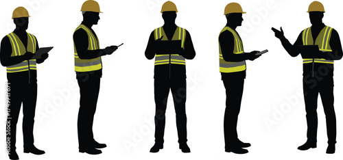 Construction workers silhouettes with safety helmets and reflective vests using digital tablets and clipboards for inspection, teamwork, technology, documentation, supervision