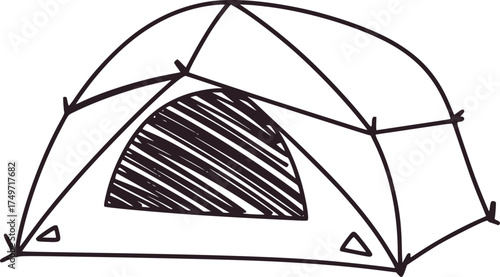 Simple black and white sketch of a camping tent shelter outdoor