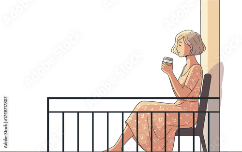 Woman sitting on balcony drinking coffee