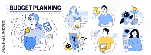 Budget planning and savings set. Collection of characters managing personal finances with AI tools and smart assistants. Fintech and money management vector illustration.