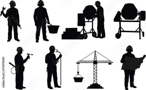 Construction workers silhouettes with tools, equipment, crane, blueprint, concrete mixer, surveyor, teamwork, industrial labor, engineering, architecture, building industry vector illustration