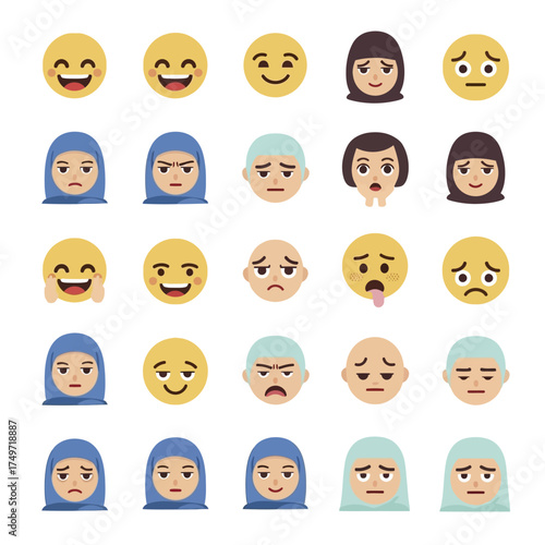Diverse Collection of Expressive Emoji Faces Showing Various Emotions.