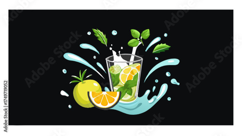 Refreshing mojito cocktail vector illustration with lime lemon and mint leaves for summer drink design