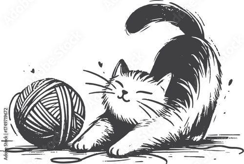 A cheerful, black-and-white sketch of a cat bending over a ball of yarn, capturing cozy playfulness and pet companionship. Ideal for pet care, home, family, and lifestyle stock projects