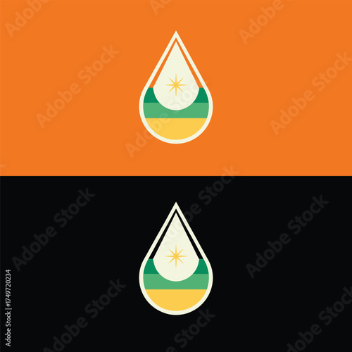 A captivating logo design showcasing a stylized water drop with vibrant green and yellow layers, crowned by a radiant star, presented against a striking orange and black backdrop