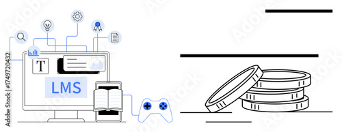 Computer screen labeled LMS, open book on phone, gear icons, and gaming controller alongside stacked coins. Ideal for education, technology, gamification, earnings, digital economy creativity