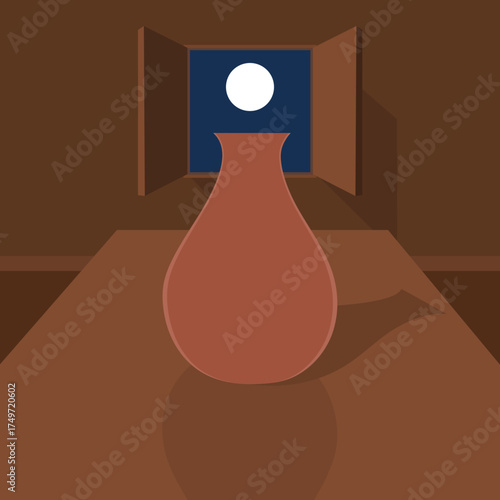 Clay vase art on table in moonlight, house, abstract, brown, drawing.