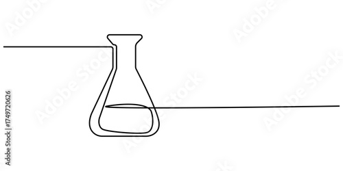 Lab flask continuous one line drawing. Laboratory glass equipment sign, Test flask one continuous line vector illustration. Scientific Laboratory Erlenmeyer Flasks, Editable outline