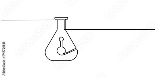 Lab flask continuous one line drawing. Laboratory glass equipment sign, Test flask one continuous line vector illustration. Scientific Laboratory Erlenmeyer Flasks, Editable outline