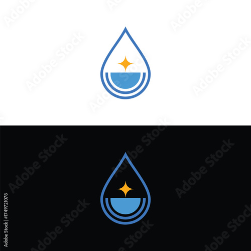 A captivating logo design showcasing a stylized water drop with vibrant blue layers, crowned by a radiant star, presented against a striking white and black backdrop
