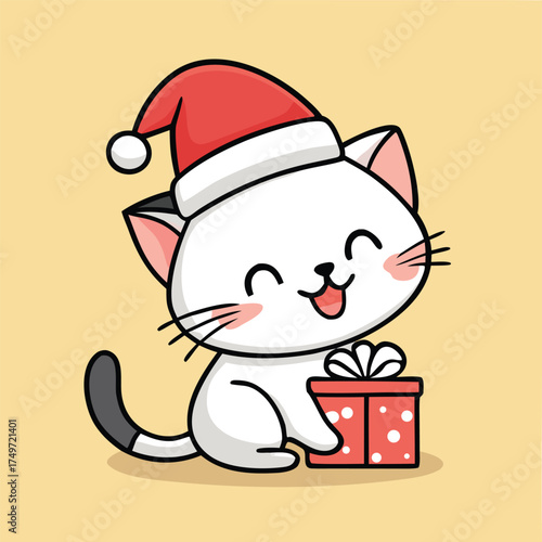 A cute, cartoon white cat wearing a Santa hat smiles happily while holding a small, red, polka-dotted gift box.