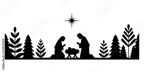 Silhouette Nativity Scene with Star and Forest Landscape