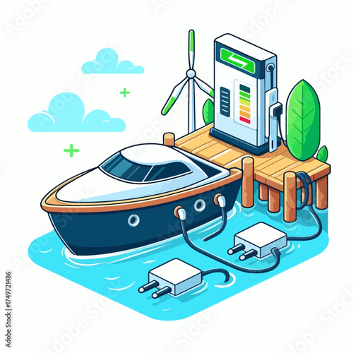 Electric boat charging at a dock powered by renewable energy sources like wind and solar.