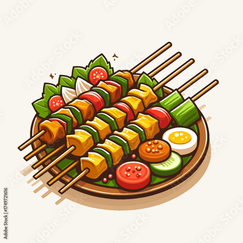 A colorful and appetizing illustration of a plate filled with delicious skewers of food, garnished with fresh vegetables and a boiled egg.