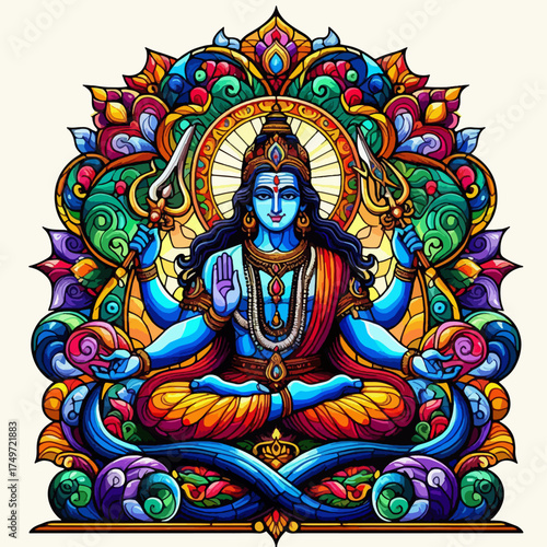 Vibrant and intricate illustration of a blue-skinned deity seated in a meditative pose, surrounded by colorful, ornate patterns and holding tridents.