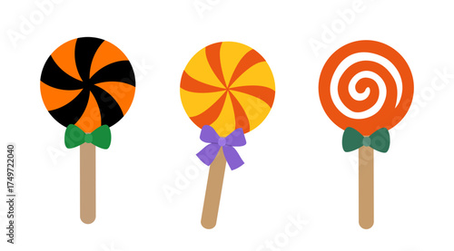 Set of Halloween lollipop candy flat stock vector illustration.
Halloween Kids candy element.
White background.