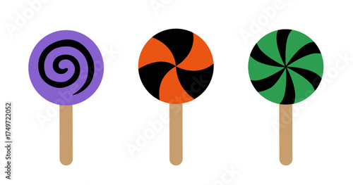 Set of Halloween lollipop candy flat stock vector illustration.
Halloween Kids candy element.
White background.