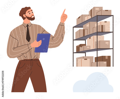 Bearded man in formal attire holding clipboard, pointing towards stocked shelves with boxes. Ideal for management, inventory, logistics, warehouse planning, supply chain, organization, simple flat