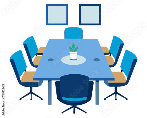 Modern conference room with a blue table chairs and two framed pictures on the wall