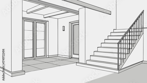 Architectural drawing of modern house interior design with staircase and glass doors illustration