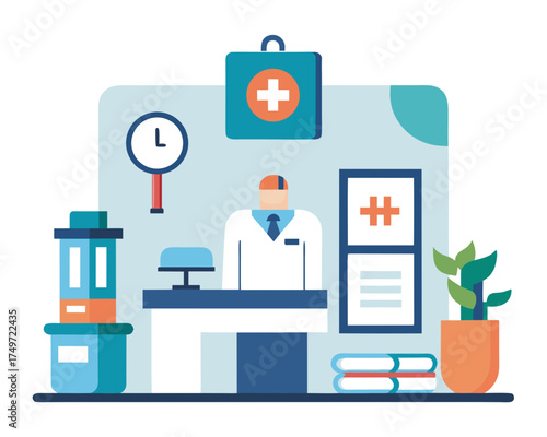 Doctor at reception desk in clinic with medical bag clock and plant illustration